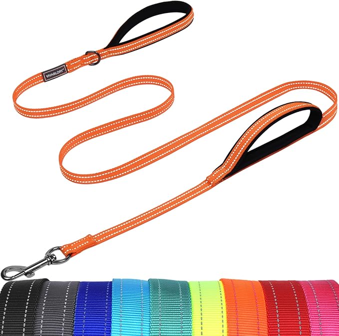 VIVAGLORY Dog Leash Twingrip Double Handle Dog Leash with Traffic Handle Control & 2 Loop for Walking & Training, Reflective Heavy Duty for Puppy Pet Collar, 5ft x 1/2in, Orange