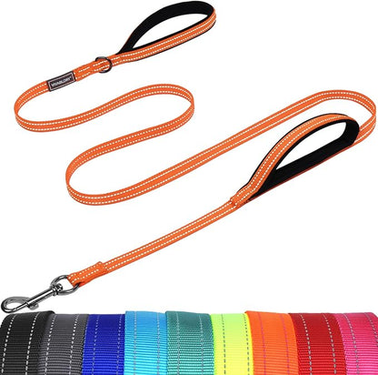 VIVAGLORY Dog Leash Twingrip Double Handle Dog Leash with Traffic Handle Control & 2 Loop for Walking & Training, Reflective Heavy Duty for Puppy Pet Collar, 5ft x 1/2in, Orange