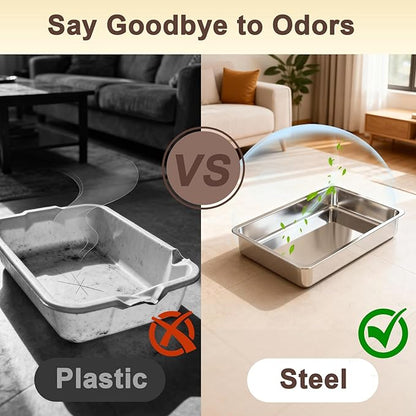 Low Entry Stainless Steel Litter Box for Kitten, Small Shallow Metal Litter Pan Tray for Rabbits Hamsters, Easy to Clean Pet Bathroom Accessories-15.75''Lx 11.81'' W x4'' H