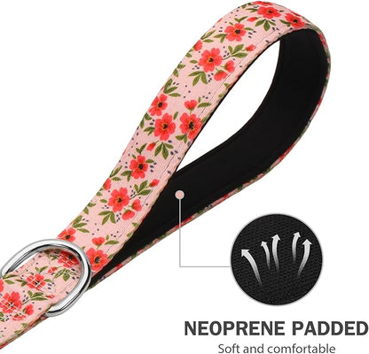 Hikiko 6 Foot Double Handle Dog Leash Cute Girl Padded Traffic Handles for Walking Training (Cream Natural Floral, 6ft)
