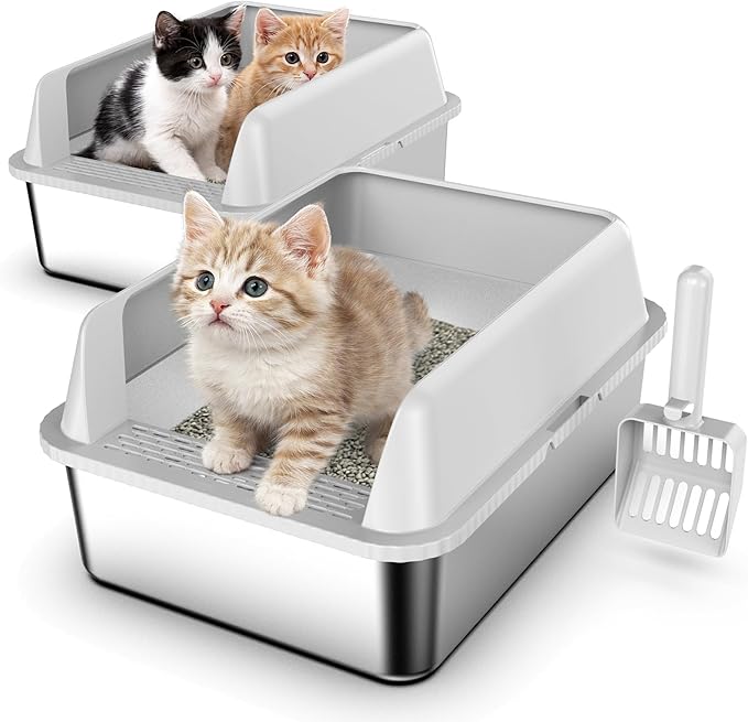 2 Pack 17.3" x13.4"x9" Stainless Steel Litter Box, Kitten Litter Box for Kittens & Small Pets, Semi-Enclosed Metal Cat Litter Box for Leak Proof, Easy-Clean Non-Stick, Odor Control