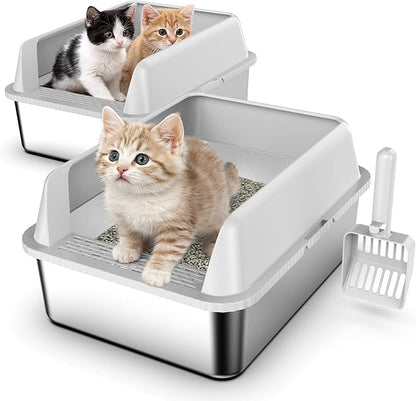 2 Pack 17.3" x13.4"x9" Stainless Steel Litter Box, Kitten Litter Box for Kittens & Small Pets, Semi-Enclosed Metal Cat Litter Box for Leak Proof, Easy-Clean Non-Stick, Odor Control