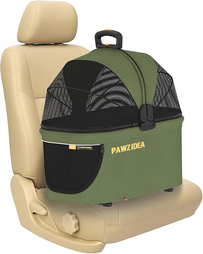 PAWZIDEA Portable Small Dog Crate for Car Travel up 33lbs, Enclosed Dog Car Seat Soft-Sided, Escape-Proof Reversible No-Zip Canopy, Foldable Pet Carrier Seatbelt for Small Medium Puppies & Cats Kennel