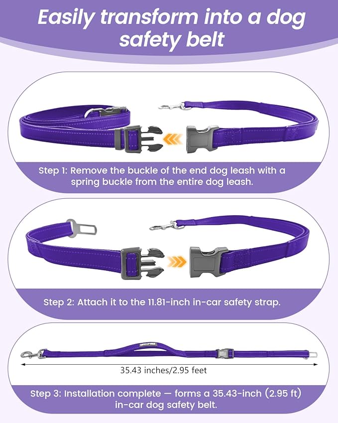Hands Free Dog Leash, 2-in-1 Detachable Pet Seatbelt,5.9-9.2 ft Crossbody Dog Leash with Double-Sided Reflective for Walking, Hiking, Travel etc.(Purple)