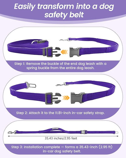 Hands Free Dog Leash, 2-in-1 Detachable Pet Seatbelt,5.9-9.2 ft Crossbody Dog Leash with Double-Sided Reflective for Walking, Hiking, Travel etc.(Purple)
