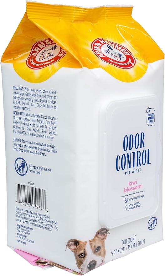 Arm & Hammer for Pets Odor Control Dog Wipes, Deodorizing Wipes with Baking Soda for Dogs Between Baths, Gentle Cleaning Pet Grooming Wipes for Everyday Freshness, Kiwi Blossom Scent, 100 Count - 3 Pk