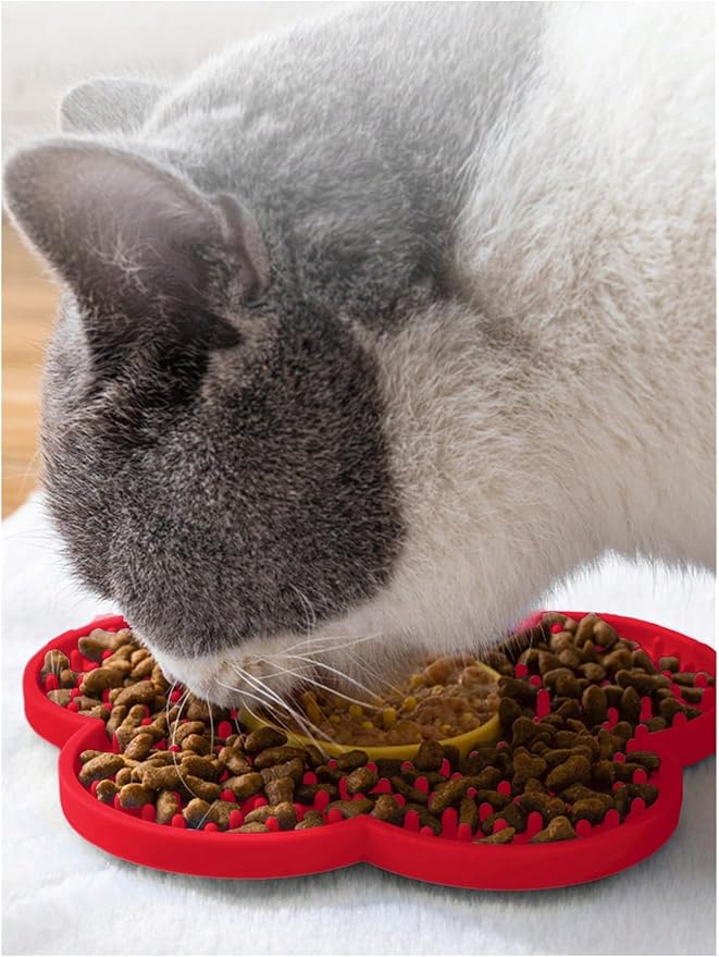 QWINEE Lick Mat for Dogs Cats Flower Shaped Pet Slow Feeder Dog Cat Puppy Bowl Lick Pad for Dog Fun Alternative to Slow Down Eat for Small Medium Large Dogs Red One-Size