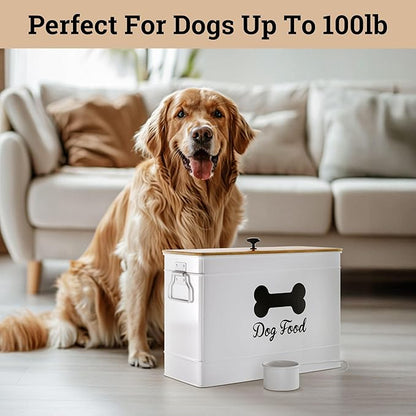 Dog Food Container Airtight 15 lb (50 Cup) Capacity with Metal Scoop - Cute Airtight Dog Food Storage Container with Bamboo Lid - White Metal Kibble Storage Bin for Dogs up to 100 lbs - Big Pet Jar