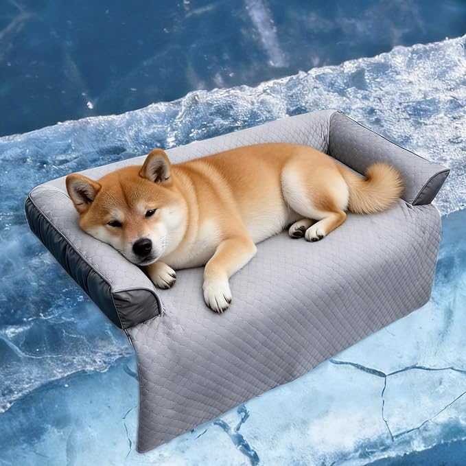 GGIB Cooling Dog Bed Mat with Bolster Pillow Washable Dog Couch Cover Breathable Summer Pet Couch Bed Protector Indoor(Medium, Cooling Grey)