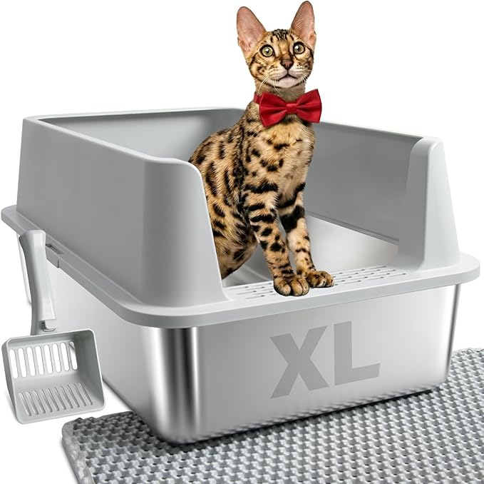 Stainless Steel Litter Box, Extra Large Litter Boxes for Big Cats, XL Metal Cat Litter Box with High Sides Lid, Anti-Urine Leakage, Never Absorbs Odors, Easy Cleaning, Non-Stick, Include Scoop and Mat
