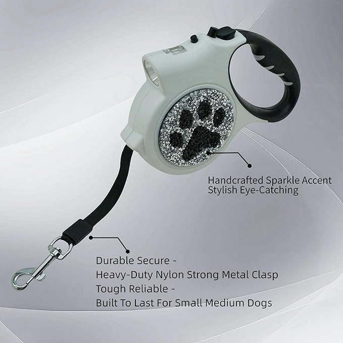 Led Retractable Dog Leash – 16ft Leash with Handcrafted Sparkle Detail Tangle-Free One-Hand Brake Soft Grip Handle for Small & Medium Dogs Up to 77lbs (DL-White)