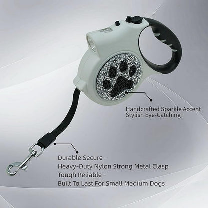 Led Retractable Dog Leash – 16ft Leash with Handcrafted Sparkle Detail Tangle-Free One-Hand Brake Soft Grip Handle for Small & Medium Dogs Up to 77lbs (DL-White)