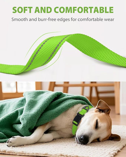 Joytale Dog Collars for Medium Dogs, Comfortable Double-Sided Reflective Nylon Collar for Night Safety, Adjustable Quick-Release for Active Pets, Green, M (1" Width)