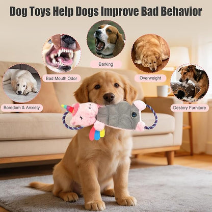 Interactive Squeaky Dog Chew Toy, Tough Plush Dog Toys for Chewers, Small, Medium & Large Dogs, Plush with Double Rope Handles for Tug of War, Mess-Free, Pink