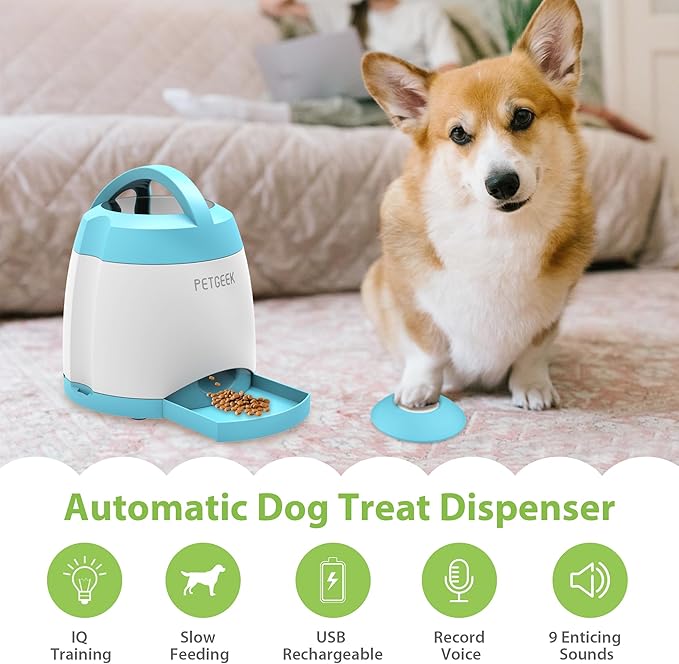 PETGEEK Dog Food Dispenser Toy, Treat Dispensing Dog Toys for IQ Training, Interactive Puzzle Toys to Keep Them Busy, 3000mAh USB Rechargeable Pet Treat Dispenser with Push Remote Button, 400ml