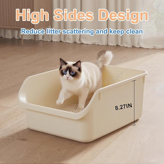 Cat Litter Box with High Sides Anti-Splashing for Indoor Cats Low Entry Kitty Litter Boxes (White)