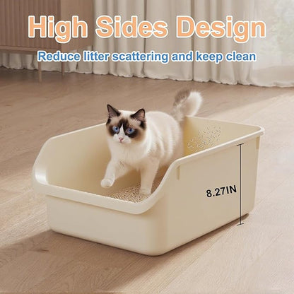 Cat Litter Box with High Sides Anti-Splashing for Indoor Cats Low Entry Kitty Litter Boxes (White)