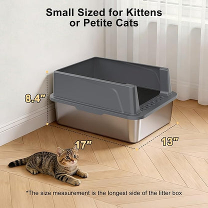 FURTIME Stainless Steel Cat Litter Box with Lid, Metal Kitty Litter Box for Small Cats, Kitten Litter Boxs with Scoop and Mat, Non-Sticky, Anti-Leakage, Easy to Clean, 17"x13"x8.4" (Small)