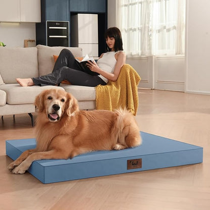 Outdoor Extra Large Dog Crate Bed, XXL Waterproof Dog Bed for Giant Breeds Dogs, 47x29 Inch Orthopedic Egg Crate Foam Pet Mat with Removable Cooling Cover, Blue
