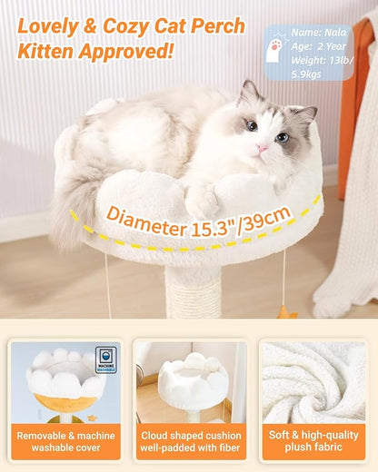 Happi N Pets 28" Tall Cat Scratching Post with Bed, Small Cat Tree for Indoor Cats, Thick Cat Scratch Post with Cloud-Shaped Soft Perch & Cute Toys, Stable Cat Stand, Removeable Cover, Bounus Catnip