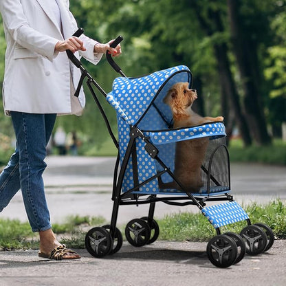 Dog Stroller for Small Dogs 10 lbs -22lbs Puppy Stroller Medium Dog Wagon Small Pet Stroller for Cats, Cat Strollers for 2 Cats, Rear Storage, Blue Polka Dots