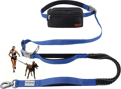 Hands Free Dog Leash with Zipper Pouch, Double Handle Running Reflective Bungee Waist Leash for Dog Walking, Training and Hiking for Small Medium Large Dogs (Blue)