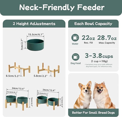 Ceramic Raised Double Bowls Set with Stand, 2 Heights Elevated, Food & Water Bowls for Small Breed Dogs, Weighted Dog Dishes, Pet Bowl(6.1'',28.7oz, Green)