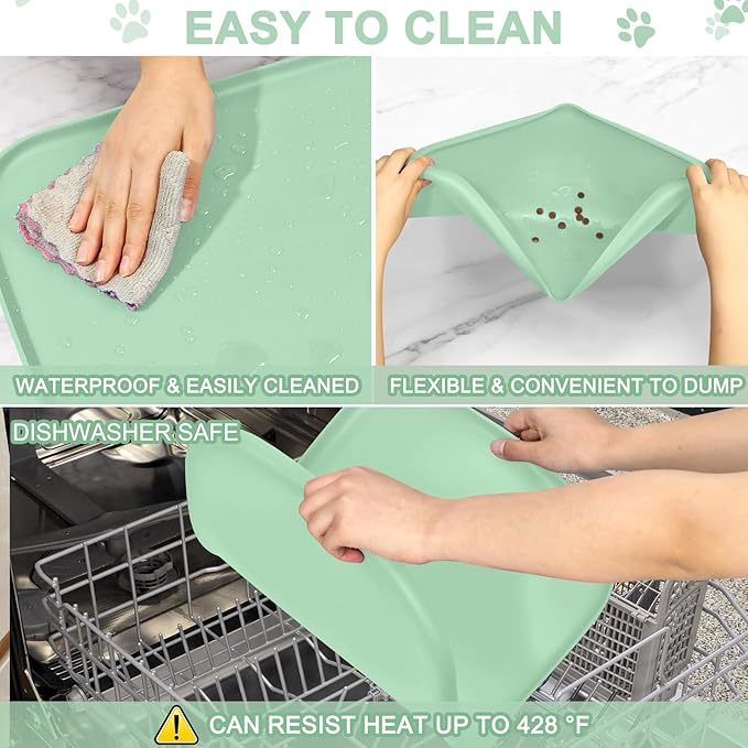 Silicone Pet Food Mat with Raised Edge for Food and Water Bowl, Dog Feeding Mats, Cat Food Trays for Floor Waterproof, Rubber Tray for Dogs and Cats, 24 x 16 x 0.8 Mint Green