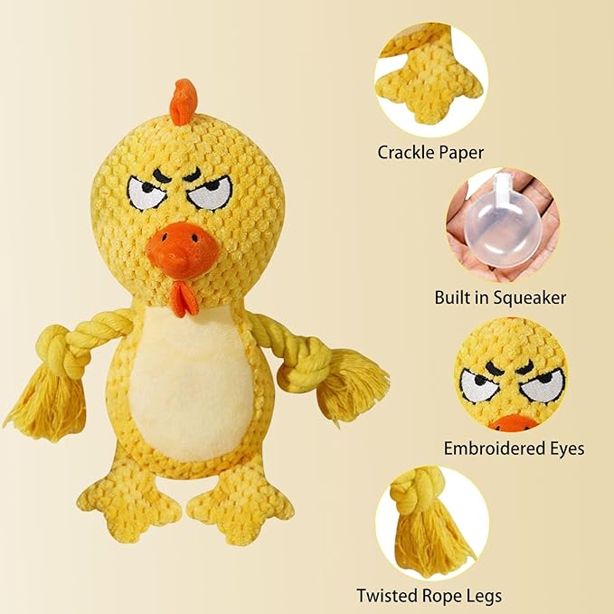 Cute Animals Interactive Squeaky Dog Toy with a Vocal Bladder, Crinkle Paper Stuffed Soft Cotton Chew Toy, Teething Rope Tug of War Pull Toy to Keep Them Busy for Puppy, Small Dogs - Yellow Chick
