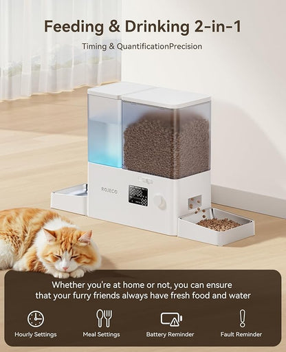 ROJECO Automatic Cat Feeder and Water Dispenser,36Cups/8.5L 2-in-1 Stainless Steel Bowls Large Capacity Cat Food Dispenser and Gravity Water Fountain for Cats Small Dogs Puppies Kittens Pets