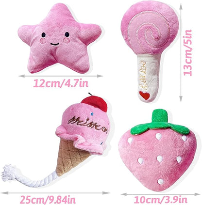 Small Dog Toys, 4 Pack Pink Dog Squeak Toys, Puppy Toys for Small Dogs, Durable Plush Dog Toy Set, Soft Dog Chew Toys for Puppies & Small Dogs, Dog Stuffed Toys Gift Pack