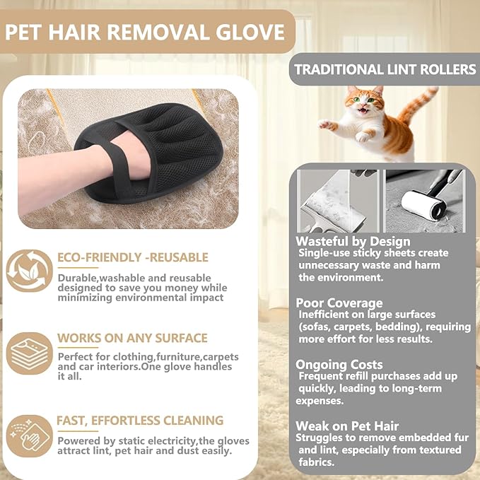 Pet Hair Remover Glove, Pet Hair Remover for Laundry, ReusableElectrostatic Dog Cat Hair Removal Gloves for Furniture