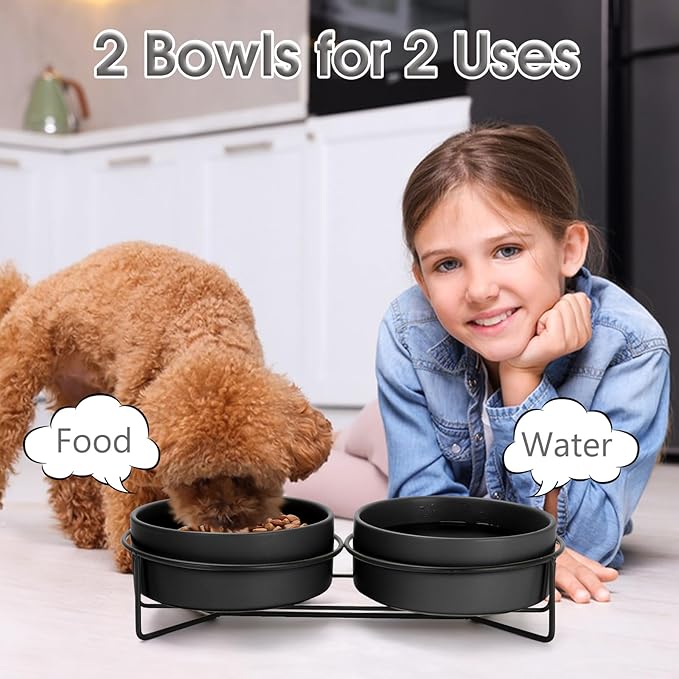 Ceramic Dog and Cat Bowl Set with Stand, 1.7 Cups Dog Food and Water Bowl Suitable for Small and Medium Pets (13.5oz Black)