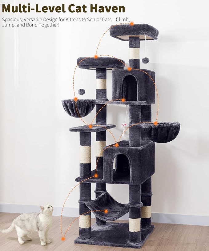 AMHANCIBLE Cat Tree, 70 Inch Cat Tower for Indoor Cats, Multi-Level Cat Tree with Scratching Post, Hammock, Hanging Basket, Large Cat Condos for Adult Cats Kittens, Dark Grey, PT18DG