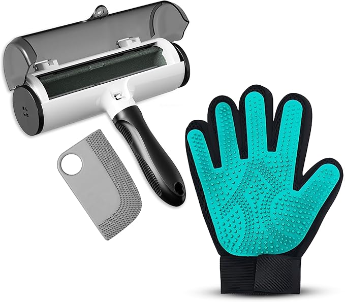 Ultimate Pet Hair Remover Kit – Pet Hair Removal Glove + Lint Roller Brush + Deep-Removal Tool – for Sofa, Furniture & Car Seats – Dog Grooming Gloves for Shedding, Dogs & Cats
