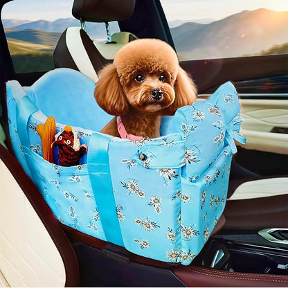 Cullaby Console Dog Car Seat - Portable Dogs Armrest Booster Seat for Small Dog, Anti-Collapse Pet Car Seat with Soft Cushion Safety Belt, Support Pet Up to 11lbs (Blue Daisy)