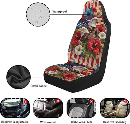 Car Seat Covers Waterproof Hibiscus Eagle Patriot Car Seat Cover for Front Seat Set of 2 Washable Cover Anti-Slip Back Fabric Easy to Install Universal Fit Most Cars
