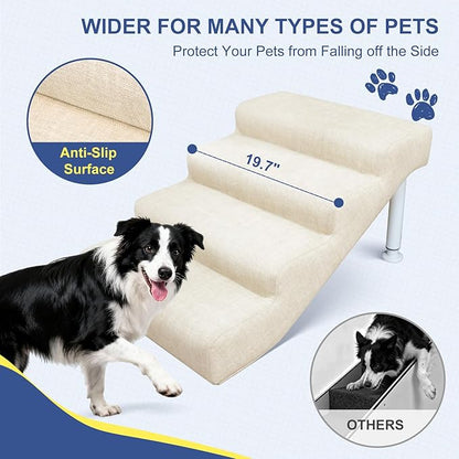 DoCred Adjustable Pet Stairs for Beds & Sofas - 4 Step 14.5"-17.7" H Non-Slip Dog Stairs for Small to Medium Dogs & Cats, Supports up to 150 lbs - Linen Faux Leather Dog Steps