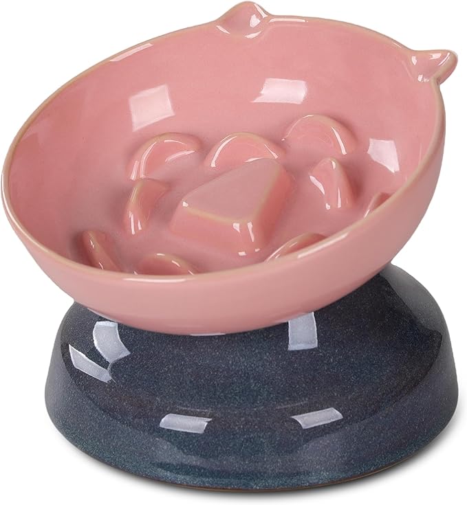 Elevated Slow Feeder Cat Bowl, 15° Tilted Ceramic Raised Cat Bowl for Indoor Cats, Anti Vomiting Design, Cute Cat Ear Heavy Base, Whisker Friendly Healthy Feeding Dish (Pink)