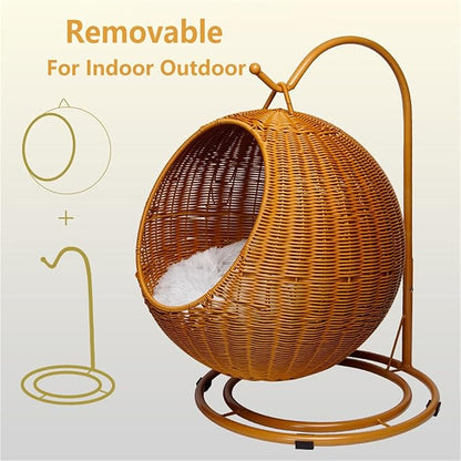 Wicker Cat Swing Bed Pet Swing with Stand & Cushion & Hanging Ball for Indoor Outdoor Lightweight Hanging Pet Hammocks for Cat, Dogs, and Small Animals(Brown)