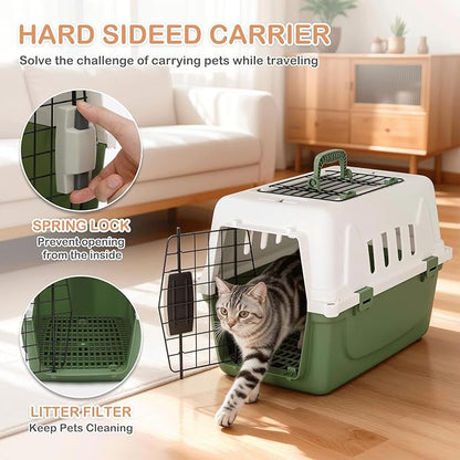 MoNiBloom 18-Inch 2-Door Top Loading Cat Carrier, Plastic Dog Crate Hard-Sided Dog Travel Carrier for Small Dogs and Cats, Ventilation and Security Lock Design for Pets up to 10 lbs (Green)