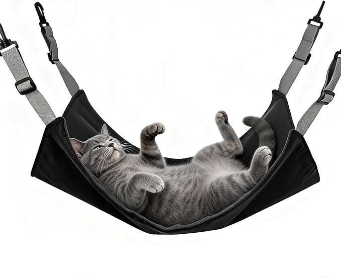 Adjustable Cage Hanging Cat Hammock, 4-Season 2-Sided Bed, Adjustable Waterproof Washable Cooling Mat for Large Kittens,Small Dogs & Rabbits (Black)