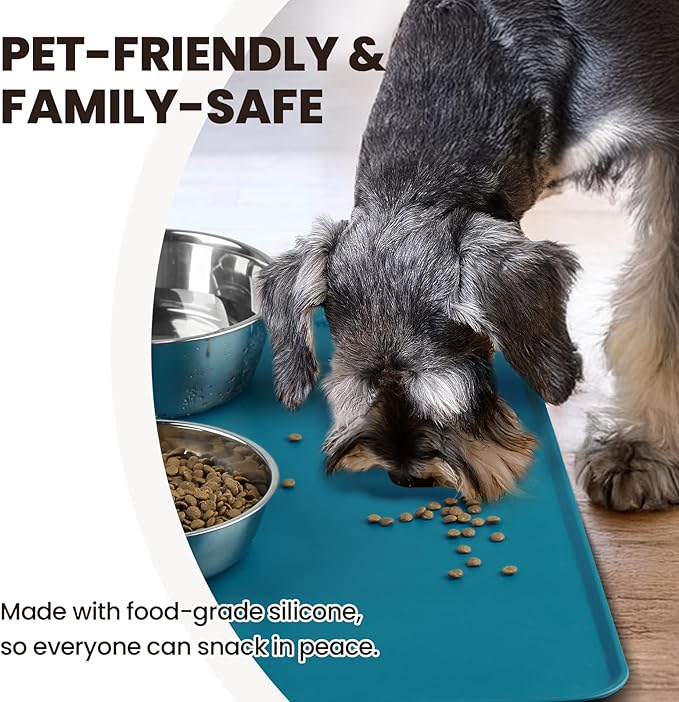 VIVAGLORY Dog Food Mat Flexmat Dog Bowl Mat, Placemat Food Tray with Raised Edges & Lip for Indoor Floor, Non Slip Waterproof Silicone Dish Placemat for Cat & Pet, L, Deep Blue