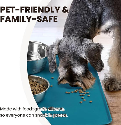 VIVAGLORY Dog Food Mat Flexmat Dog Bowl Mat, Placemat Food Tray with Raised Edges & Lip for Indoor Floor, Non Slip Waterproof Silicone Dish Placemat for Cat & Pet, L, Deep Blue
