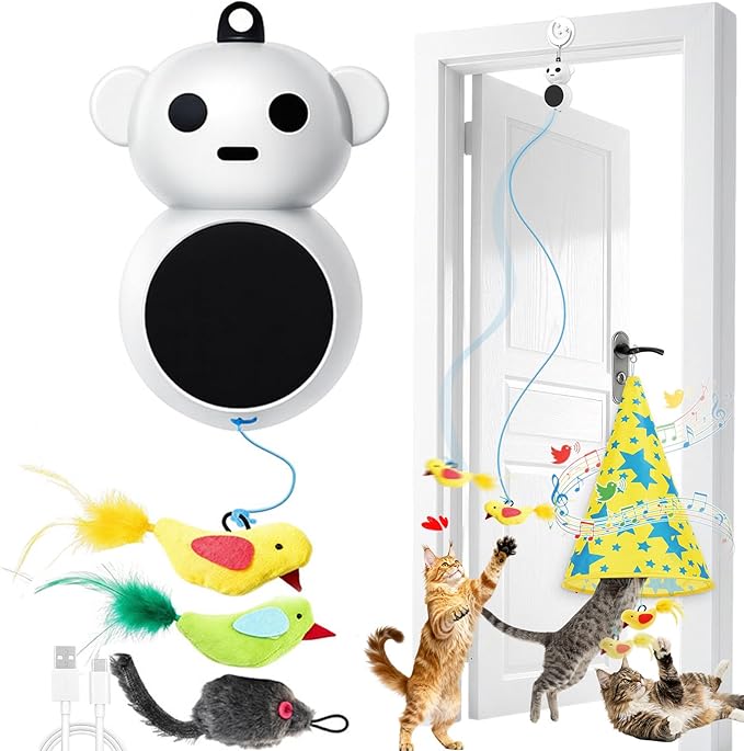 Interactive Cat Toy for Indoor Cats: 2 in1 Automatic Hide and Seek Moving Concealed Flying Bird Wand Feather with Chirping Bird Squeaky, Hanging Rechargeable Exercise Cat Toy for Kittens and Adult Cat