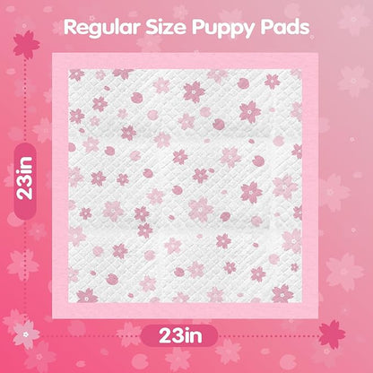Pink Puppy Pads, 50 Count Cute Dog Pee Pad with Adhesive Tabs for Potty Training, Pink Cherry Blossom Design, Leak-Proof Quiky-Dry Pads for Puppies, Dogs, Cats, Rabbits(23x23in Super Absorbent)