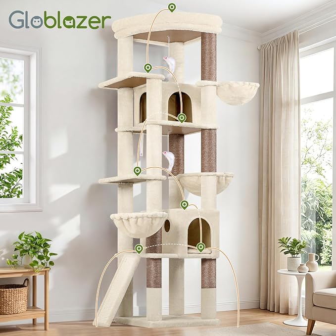 Globlazer Extra Large Cat Tree, 78 inch Sturdy Tall Cat Tree Tower for Indoor Multiple Large Adult Cats Kittens with 6 Scratching Posts, Enlarged Top Perch, 2 Padded Condos, S78G, Beige