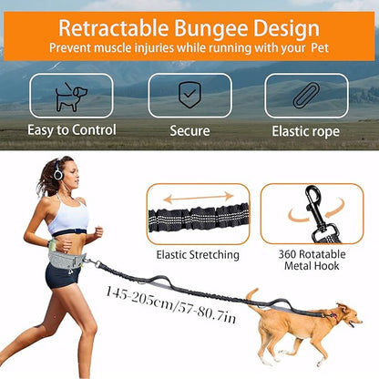 4 in 1 Hands Free Waist Dog Leash, Crossbody Leash with Pouch, Retractable Bungee Shock Absorption, Anti-Burst Design, Reflective, for Medium to Large Dogs (02-Black)