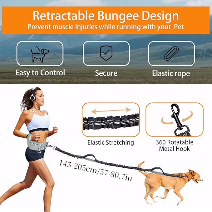 4 in 1 Hands Free Waist Dog Leash, Crossbody Leash with Pouch, Retractable Bungee Shock Absorption, Anti-Burst Design, Reflective, for Medium to Large Dogs (01-Gray)