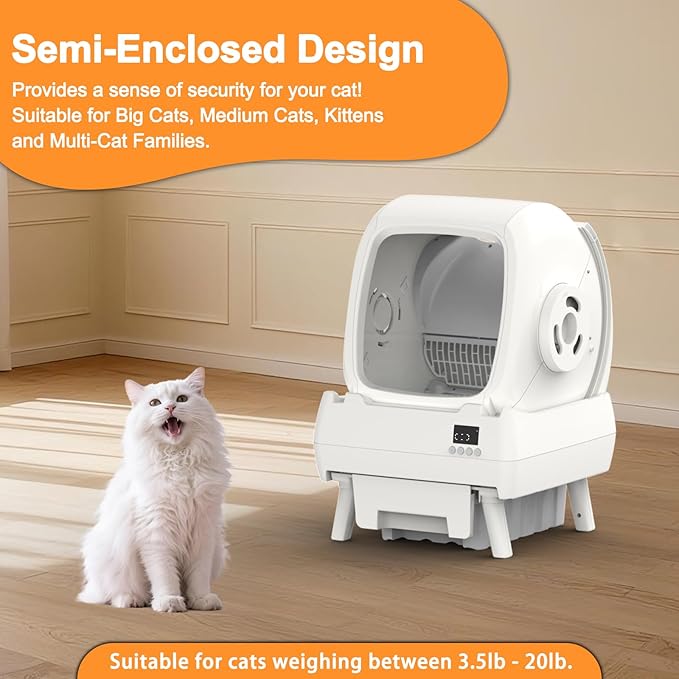 Automatic Cat Litter Box Self Cleaning - App Control, Cat Toilet Records, Suitable for Big Cats, Medium Cats, Kittens and Multi-Cat Families, Anti-Pinch, Low Noise【Assembly Required】- White
